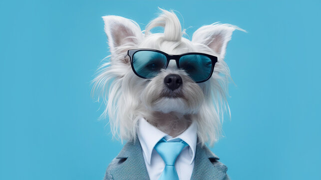 Shaggy dog with glasses on a blue background. Copy space. Banner. AI generation