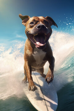cooler fr&ouml;hlicher Staffordshire Bullterrier Hund beim surfen auf einem Surfboard im Meer mit gro&szlig;en Wellen in Action. Hochformat. Hochkant. Generative Ai.