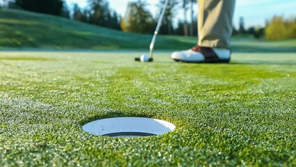 Golfer on the green sinks a close putt