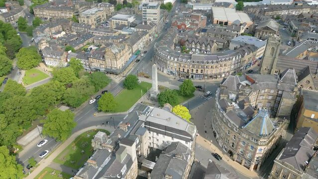 Aerial drone video of the city centre in Harrogate, England
