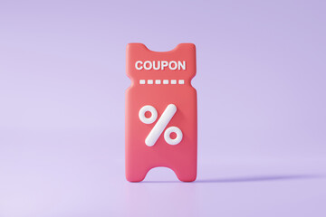 3D coupons tag icon special discount on purple background. promotion sale percentage marketing profitable online shopping concept. cashback, customer refund. 3d render illustration - obrazy, fototapety, plakaty