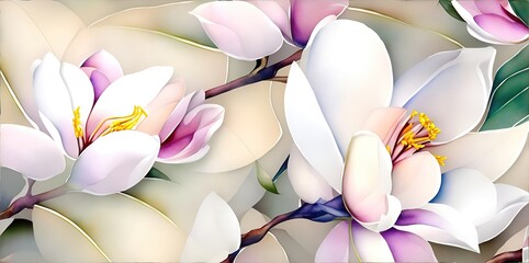 Background of magnolia flowers with leaves closeup.