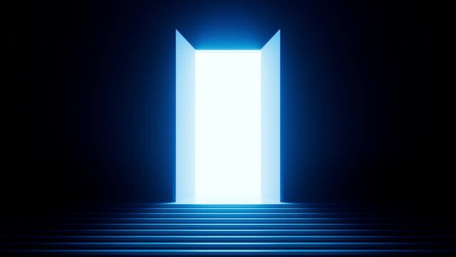 a bright white light appears in a dark room with steps after opening the double door. Abstract minimalist 3d animation. Entrance or exit, way out concept