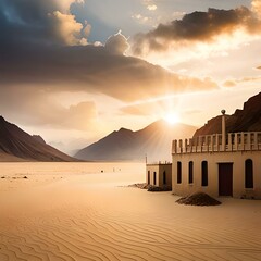 house in the mountains , mosque in the desert , sunset over the desert ,