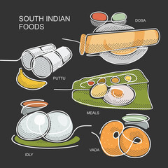 South Indian Foods collection with names. Dosa, Puttu, Sadya, Idli and Medu Vada. Lines and dots illustration.