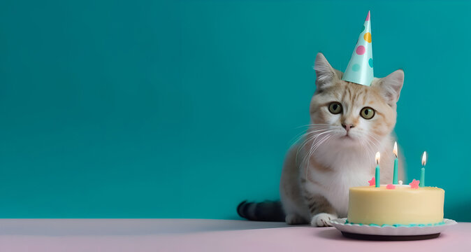 A cat in a birthday hat with a festive cake on a green background, Generative AI