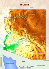 Physical map of Arizona with mountains, plains, bridges, rivers, lakes, mountains, cities