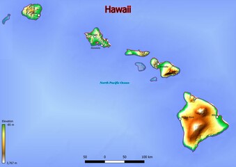 Physical map of Hawaii with mountains, plains, bridges, rivers, lakes, mountains, cities