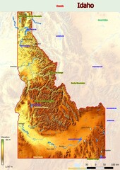 Physical map of Idaho with mountains, plains, bridges, rivers, lakes, mountains, cities