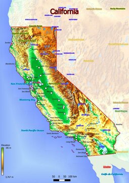 Physical map of California with mountains, plains, bridges, rivers, lakes, mountains, cities