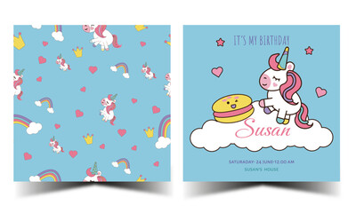 Seamless pattern front for card or wallpaper and card invitation with unicorn design and staff. CMYK format, ready to print. Vector illustration