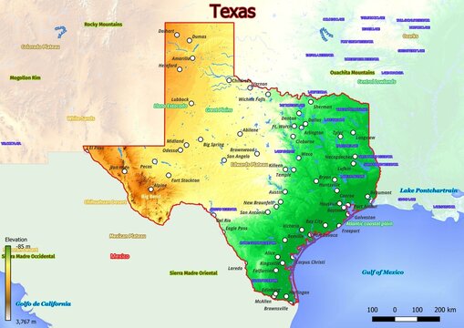 Physical map of Texas with mountains, plains, bridges, rivers, lakes, mountains, cities