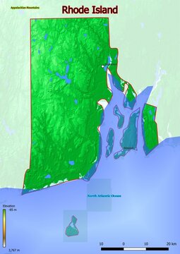 Physical map of Rhode Island with mountains, plains, bridges, rivers, lakes, mountains, cities