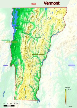 Physical map of Vermont with mountains, plains, bridges, rivers, lakes, mountains, cities