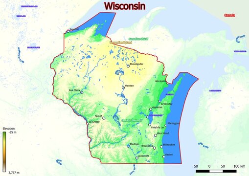 Physical map of Wisconsin with mountains, plains, bridges, rivers, lakes, mountains, cities