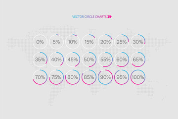 5 10 15 20 25 30 35 40 45 50 55 60 65 70 75 80 85 90 95 100 percent pie chart set. Circle diagrams. World map. Vector percentage set for download, infographic, progress, business, finance, report - 611752715