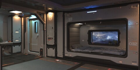 3D render of a Living compartment on a spaceship. A nebula is visible in the window. Sci-fi scene. Futuristic wallpaper. Photorealistic 3D illustration. © Valeriy