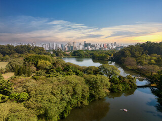 Aerial view of Sao Paulo city, next to Ibirapuera Park. Prevervetion area with trees and green area of Ibirapuera park in Sao Paulo city, Brazil.