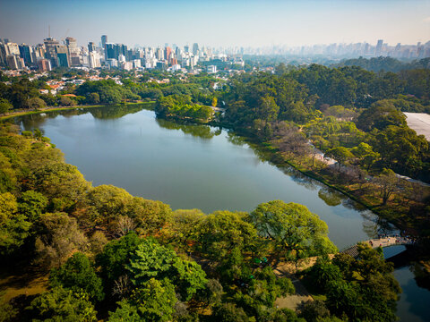 Aerial view of Sao Paulo city, next to Ibirapuera Park. Prevervetion area with trees and green area of Ibirapuera park in Sao Paulo city, Brazil.