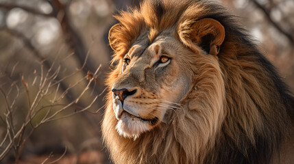 Obraz premium A majestic lion with a flowing mane, gazing confidently into the distance, generative ai