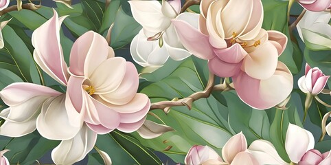 Background of magnolia flowers with leaves closeup.