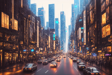 Modern city streets at night, skyscrapers and street lights, traffic and people. Generative AI.