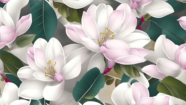Background of magnolia flowers with leaves closeup.
