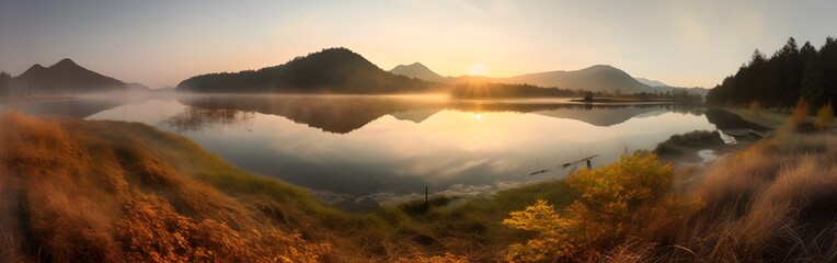 Naklejka na ściany i meble Panoramic view of the mirror reflection of the sun in a lake. Generative ai