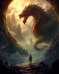 Fotobehang a mystical realm where a fearless warrior engages in a magical duel with a fearsome dragon, surrounded by ethereal landscapes and mystical elements © emzee