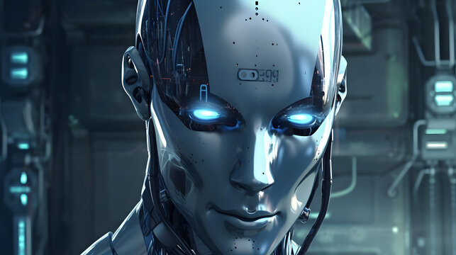 gros plan d'un visage de robot aux yeux luisants, g&eacute;n&eacute;r&eacute; par IA