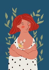 Illustration red hair woman hugging herself, love yourself concept, healing your heart and soul.