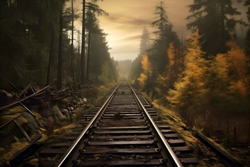 railway in the forest at sunset. generative AI illustration.