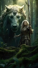 Create an enchanting fantasy scene portraying a brave warrior engaged in a fierce combat against a massive and ferocious mythical beast, amidst a mystical forest filled with glowing flora and fauna.