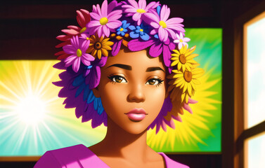 Portrait beautiful African-American girl with flowers on her head. Woman with flower arrangement on head. Generative AI.