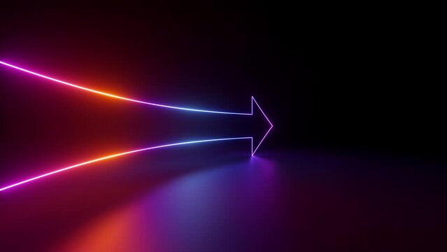 endless 3d animation, abstract minimalist geometric background. Glowing neon arrow shows right direction, linear sign