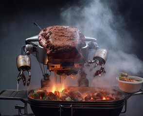 The robot roasts meat on coals. Cooking meat on the grill.