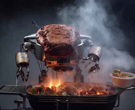 The robot roasts meat on coals. Cooking meat on the grill.