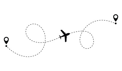 Airplane dotted route line. Path travel line shape. Flight route with start point and dash line trace for plane isolated vector illustration