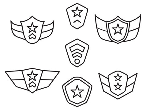 Badge military rank icon.Military star and shield with wings.Army stripes and chevrons. Insignia of officer. Outline vector illustration. Isolated on white background.