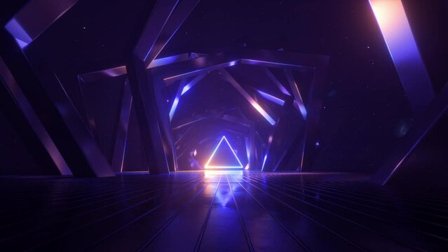 looped 3d animation, abstract ultraviolet neon background. Flight forward inside the endless futuristic tunnel towards the glowing triangular frame. Digital animated wallpaper
