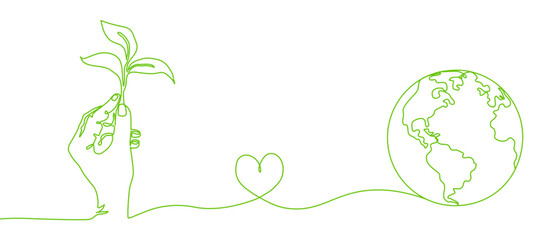 Happy earth day banner by green continuous single line drawing hands embracing the leaves and planet isolated on white background in concept of environment, ecology, eco friendly symbol. Vector