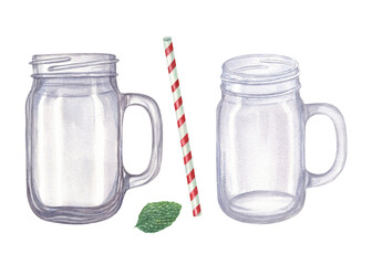 Watercolor illustration of empty glass Jars, drinking Straw and Mint leaf isolated on transparent background. Transparent glassware for mojito cocktail. Hand drawn set for menu cards design