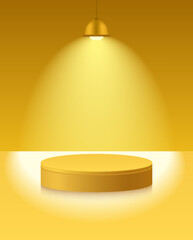 Light podium with hanging lamp, spot light. Abstract empty room with yellow color cylinder stand pedestal. Vector stage for showcase, display presentation. Studio room concept