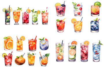 Watercolor cocktail drinks set on white background. Watercolor painting daily routine objects. Hand drawn colorful Sublimation design,white background
