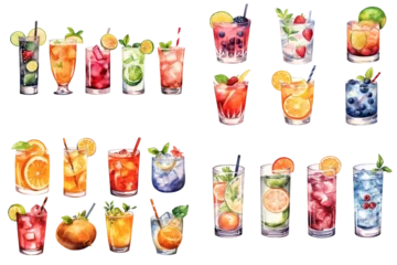 Foto op Plexiglas Watercolor cocktail drinks set on white background. Watercolor painting daily routine objects. Hand drawn colorful Sublimation design,white background © mangolovemom