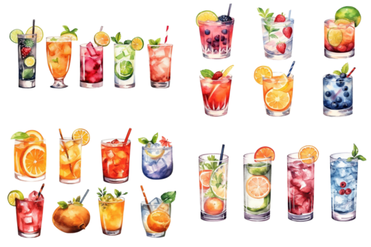 Watercolor cocktail drinks set on white background. Watercolor painting daily routine objects. Hand drawn colorful Sublimation design,white background