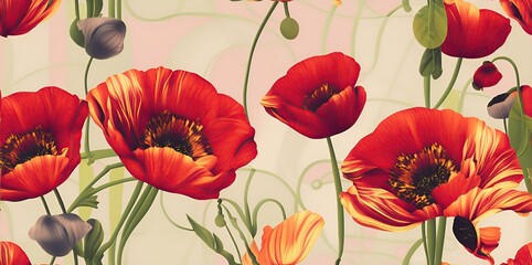 Fototapeta na wymiar Beautiful Red poppies in vintage style with leaves as a background.