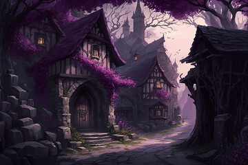 A fantastic medieval village in purple tones