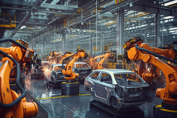 Car factory with robotic arms at assembly line. Automated vehicle conveyor welding car frames. Created with Generative AI