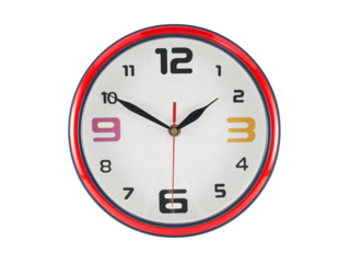 colorful round shaped wall clock with red edge isolated on white
